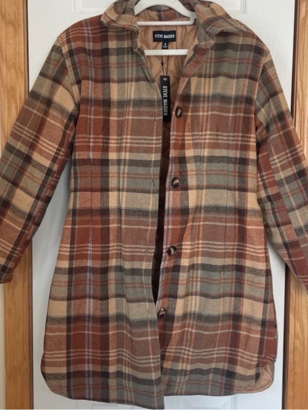 Steve Madden Plaid Long-Sleeve Button Coat in Brown and Tan